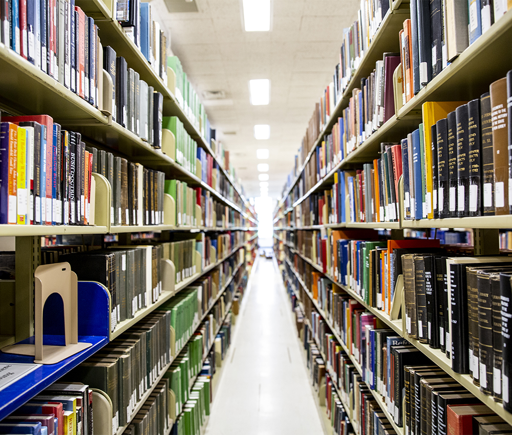 Rows of books at the Allen Library at the University of Washington.