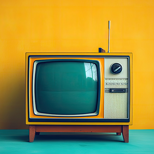 Old style television in front of an orange wall.