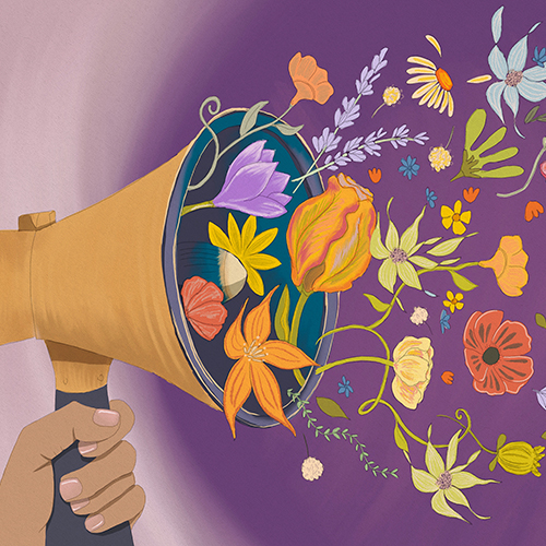 Illustration of flowers flowing out of a hand-held bullhorn