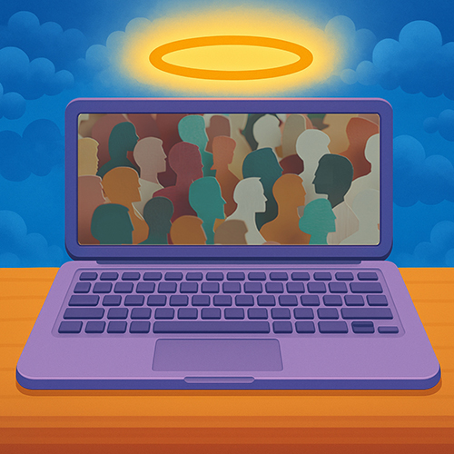 Illustration showing a laptop on a table, with an angelic halo above it.